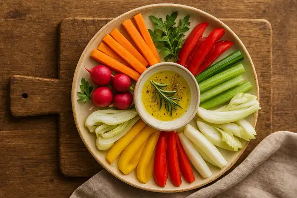 Bunte Gemüsesticks wie Karotten, Paprika, Sellerie und Radieschen, serviert mit einem Dip – eine köstliche Auswahl an italienischen Vorspeisen.